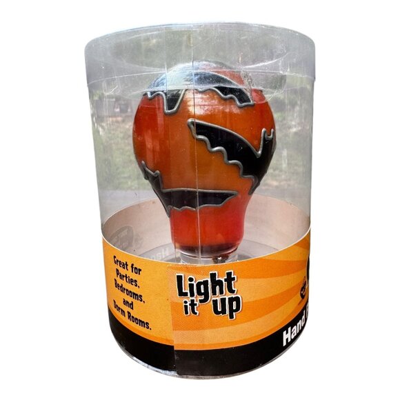 L'Image Painted Halloween Light Bulb w/Bat Design Orange Black Spooky Decor NOS - Picture 4 of 7